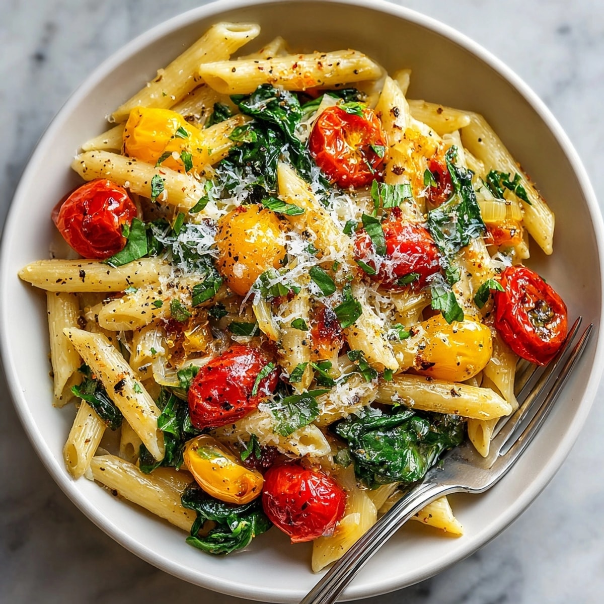 A close-up photo shows this creamy one-pot pasta, vibrant with bursting cherry tomatoes and Parmesan.