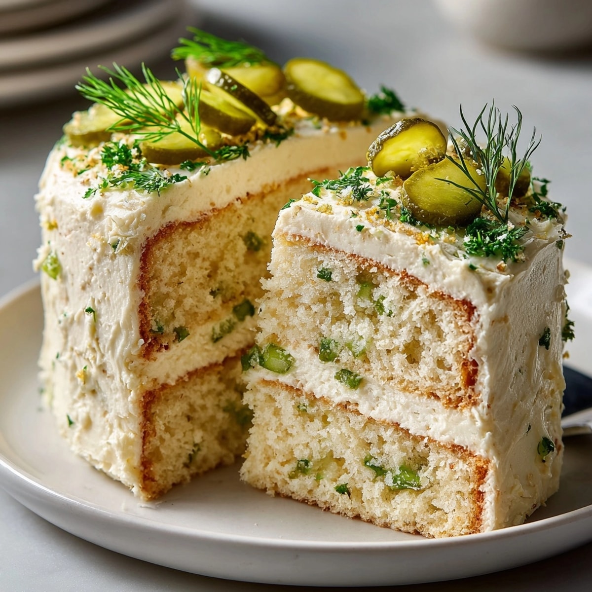 Vibrant, layered pickle buttercream birthday cake, a moist vanilla delight with tangy frosting.