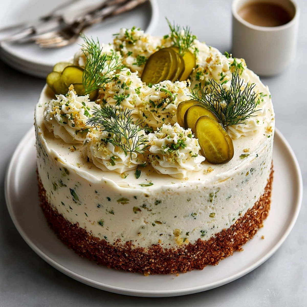 Sweet and savory, this pickle buttercream birthday cake features pickle slices on top for garnish.
