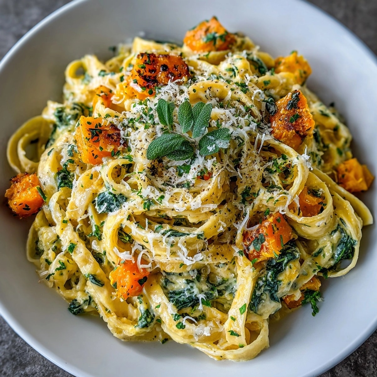 Golden, creamy Fall Harvest Pumpkin Alfredo Pasta topped with fresh Parmesan cheese and herbs.