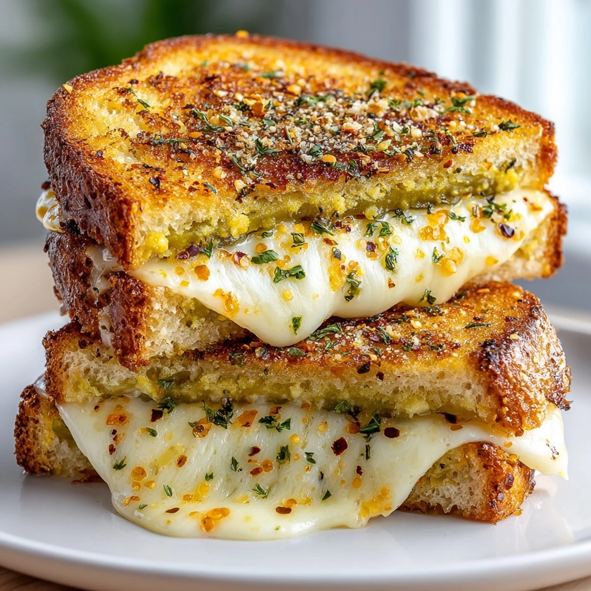 Golden, melted cheese oozes from this DIY Pickle Pizza Grilled Cheese Fusion sandwich, ready to eat.