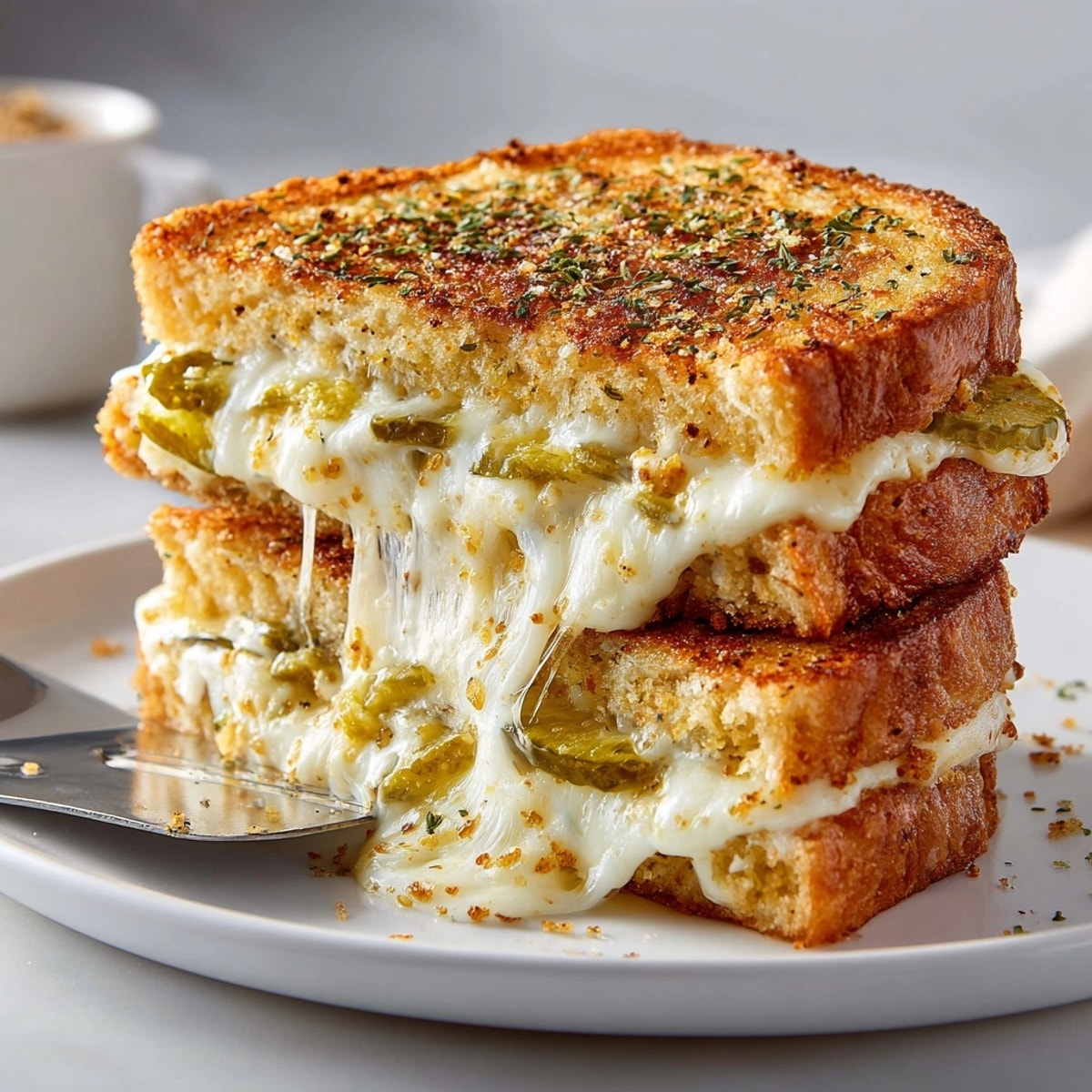 Crispy sourdough surrounds the layers in this DIY Pickle Pizza Grilled Cheese Fusion recipe, a perfect lunch.