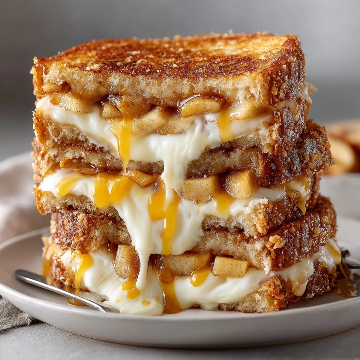 Golden-brown Spiced Apple Cinnamon Grilled Cheese, oozing melted cheese and sweet, caramelized apples.