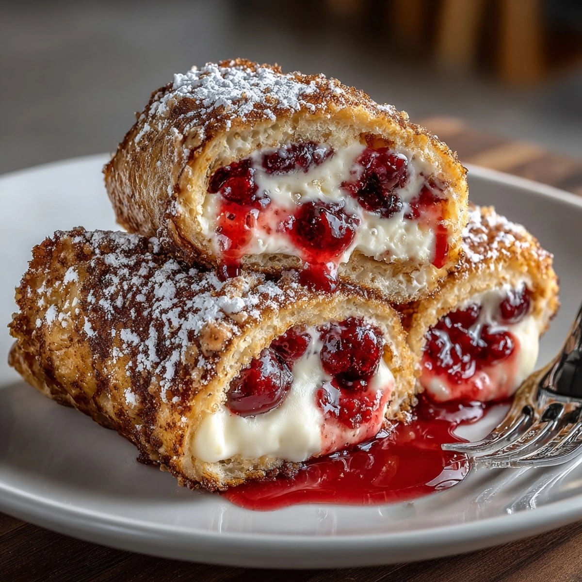 Golden Cherry Cheesecake Stuffed French Toast Wraps, perfect with a dusting of powdered sugar and syrup.