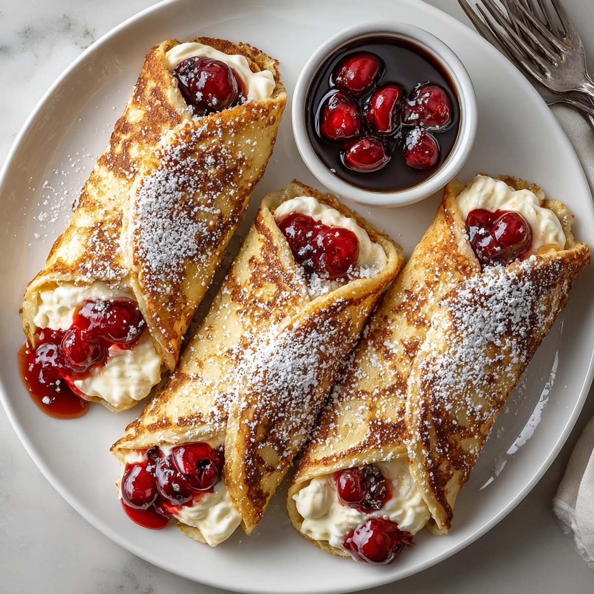 These warm Cherry Cheesecake Stuffed French Toast Wraps have a cherry compote spilling out, inviting you to enjoy.