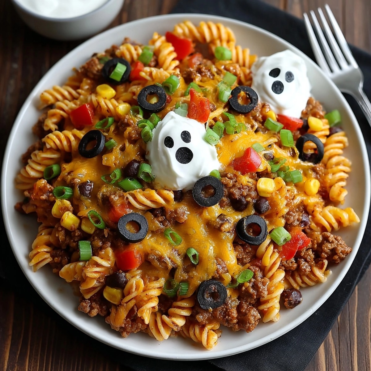 Haunted House Taco Pasta Skillet, a cheesy, Tex-Mex one-pan dinner with beef and pasta.