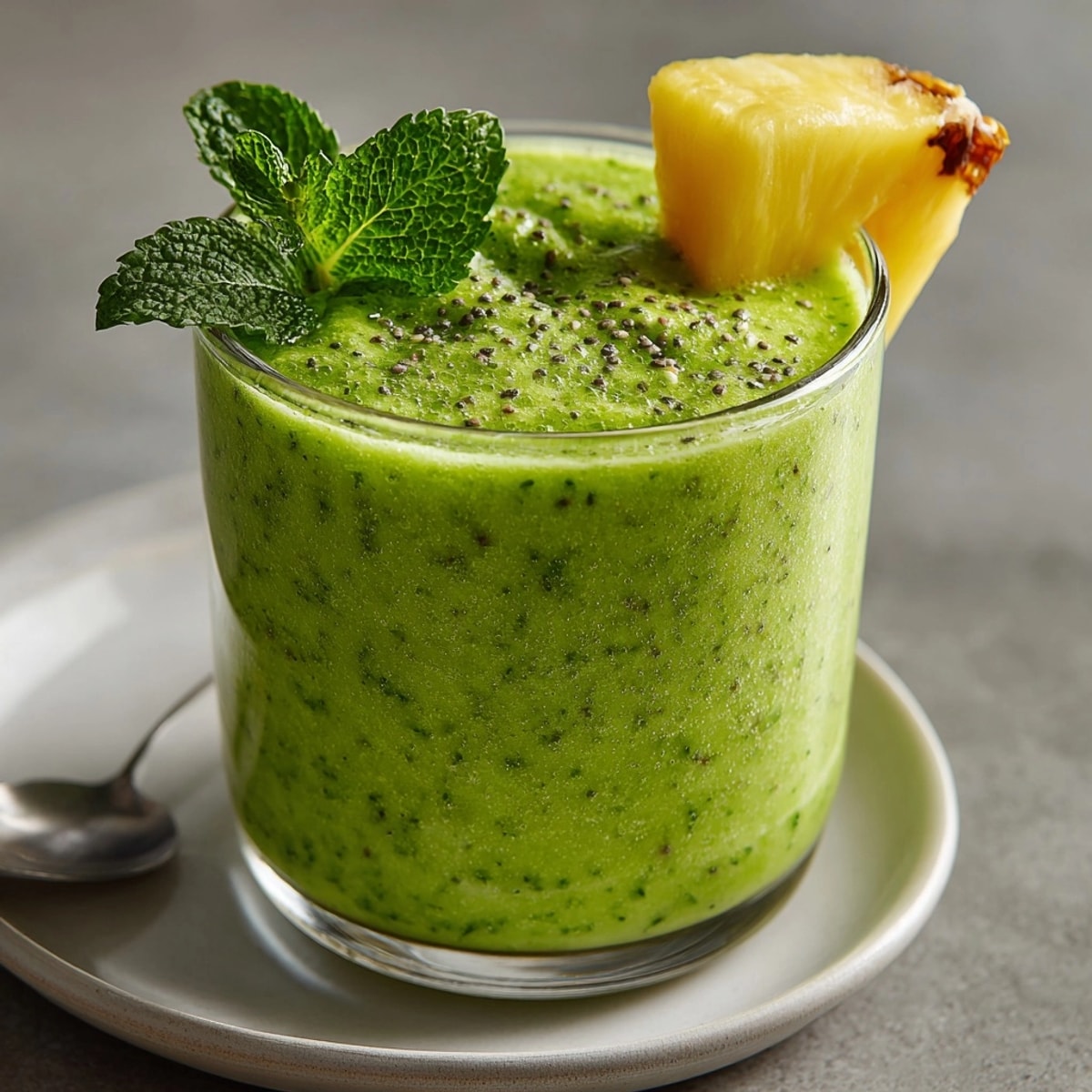 Vibrant green tropical smoothie in a glass, a healthy and refreshing recipe to enjoy anytime.
