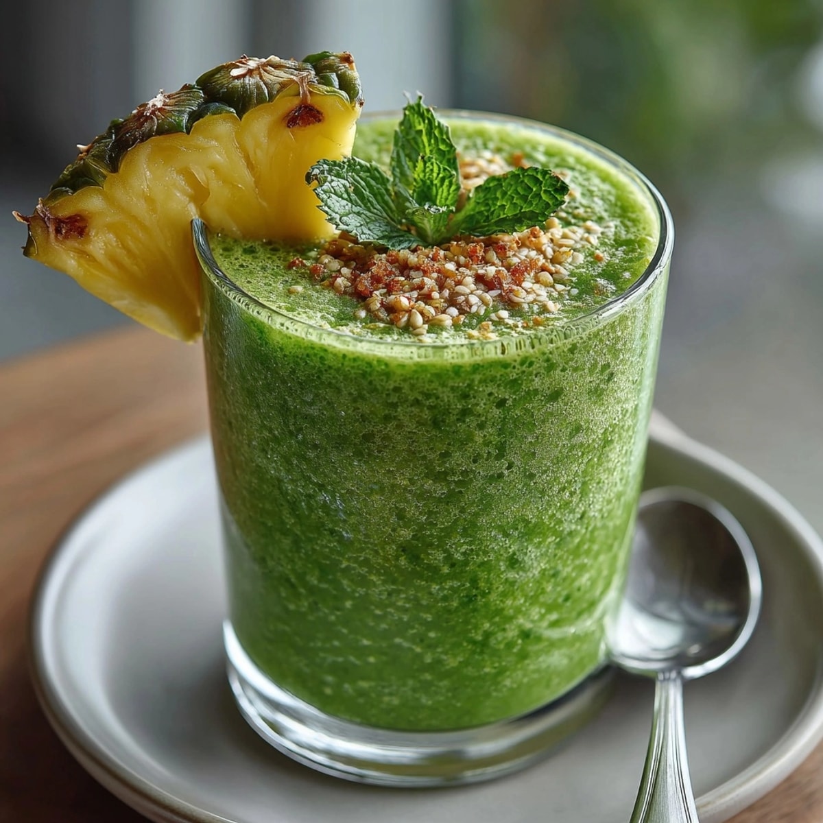 Thick and creamy Tropical Green Smoothie, blended with tropical fruits and packed with leafy greens.