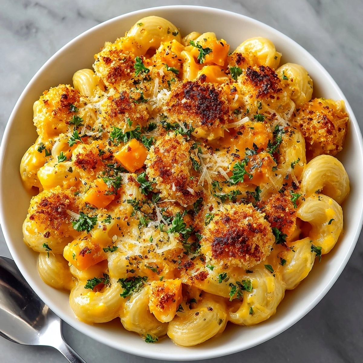 Golden and bubbly Butternut Squash Mac and Cheese, a comforting baked main dish.