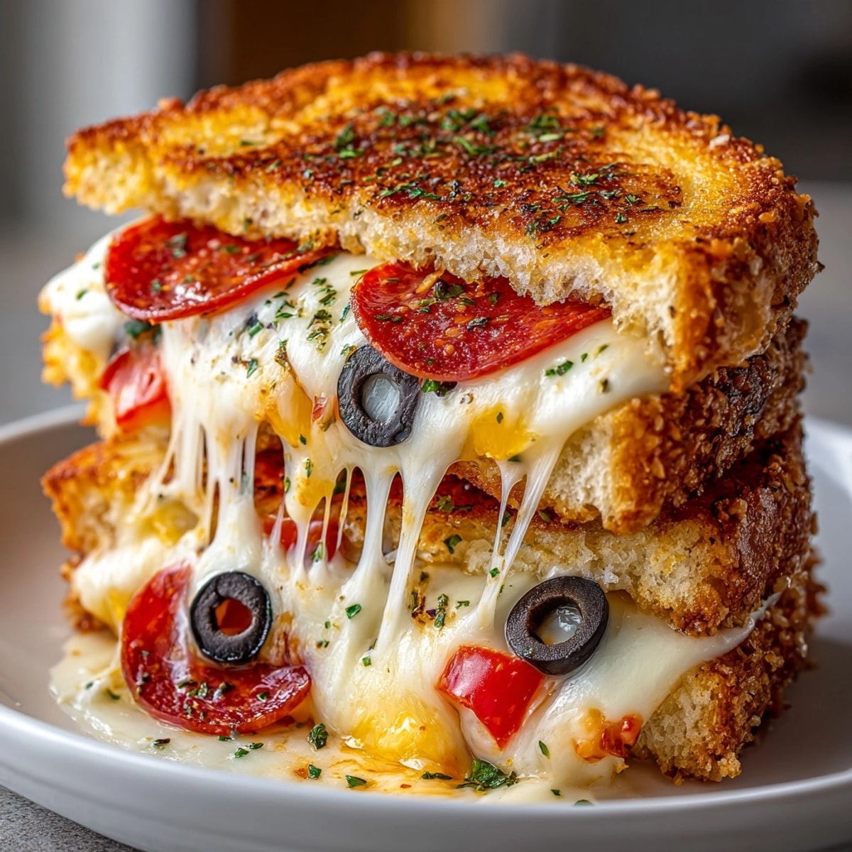 Pizza Grilled Cheese Sandwiches with melted mozzarella, pepperoni, and oozing pizza sauce, ready to be enjoyed.