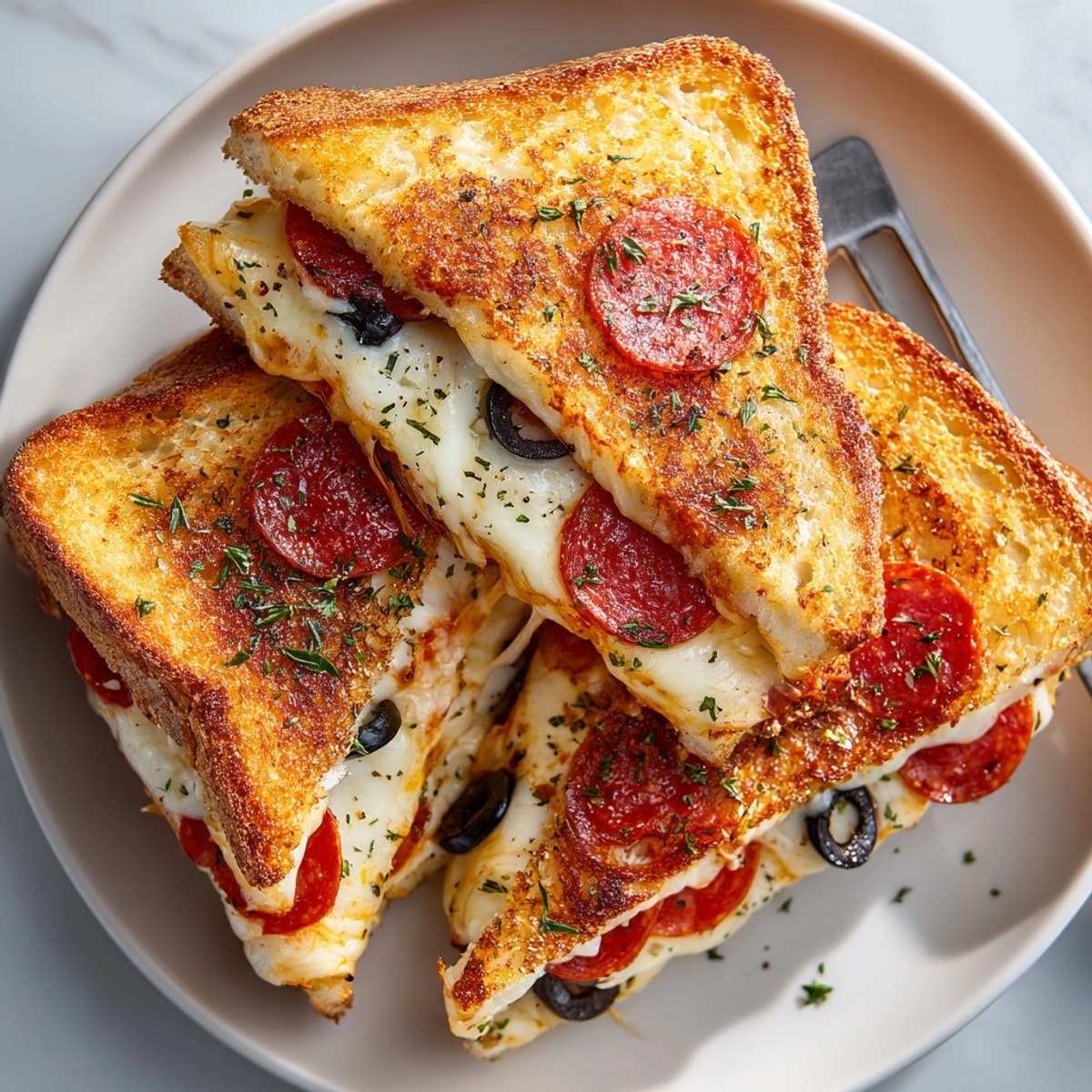 A close-up of a sliced Pizza Grilled Cheese Sandwich shows gooey cheese, pepperoni, and tasty bread.
