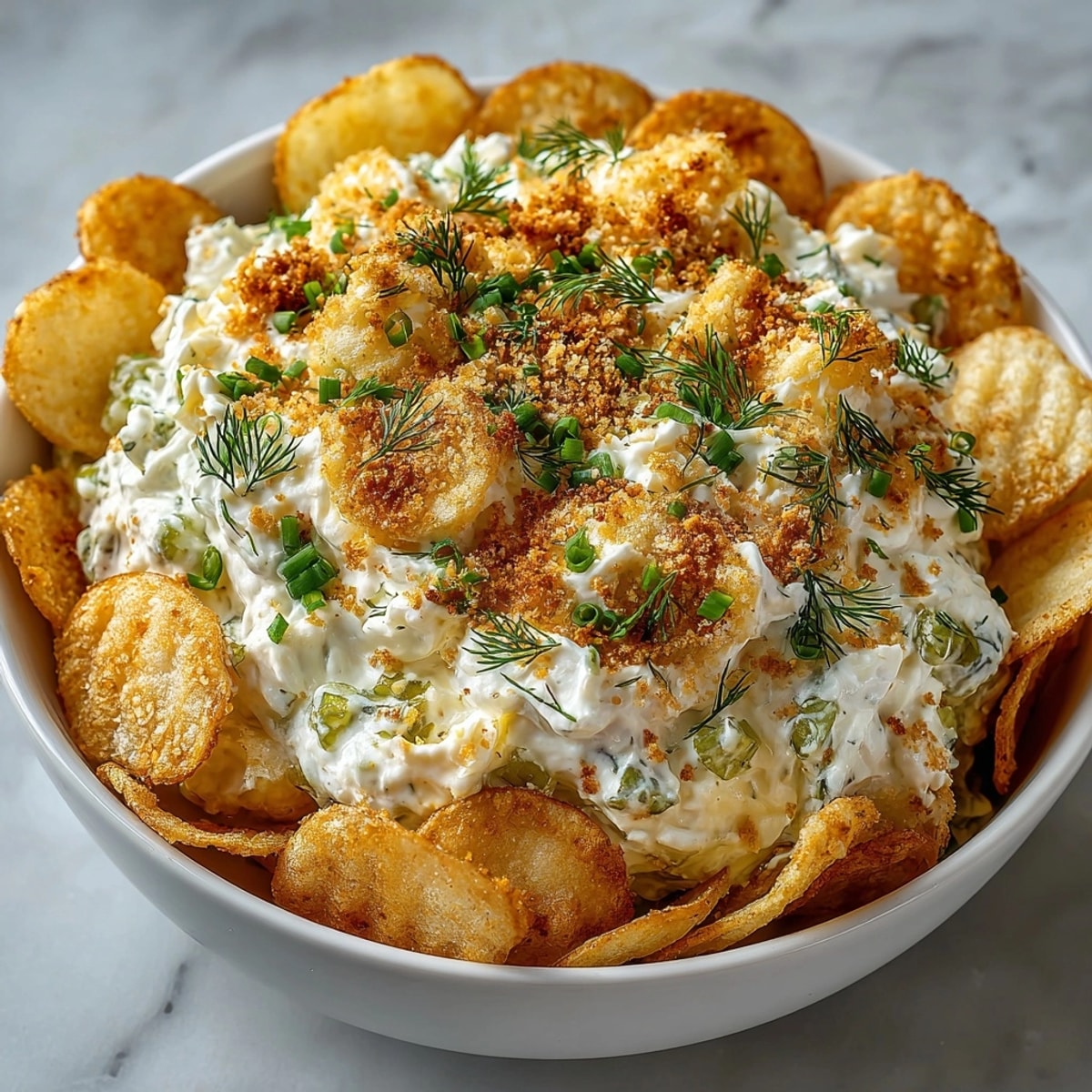 A bowl of creamy Fried Pickle Dip topped with golden breadcrumbs, ready to serve with chips.