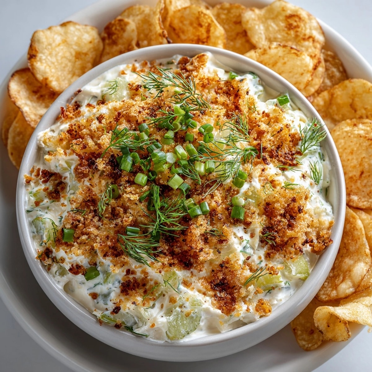 Tangy and delicious Fried Pickle Dip, perfect for a crowd, served in a bowl beside crunchy potato chips.