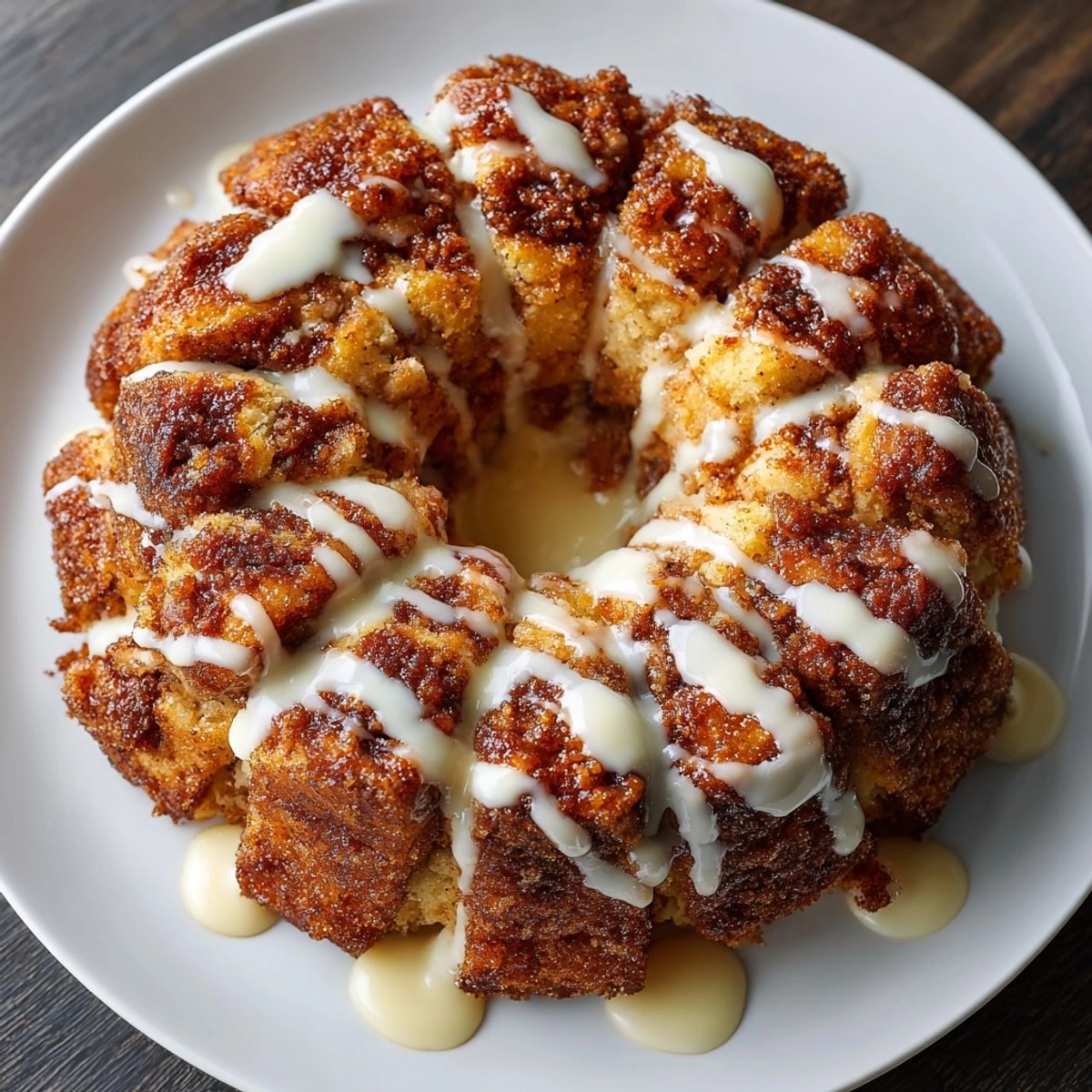 Pulling apart fluffy squares of Cinnamon Roll Monkey Bread showing a deliciously soft, swirled interior with cinnamon.