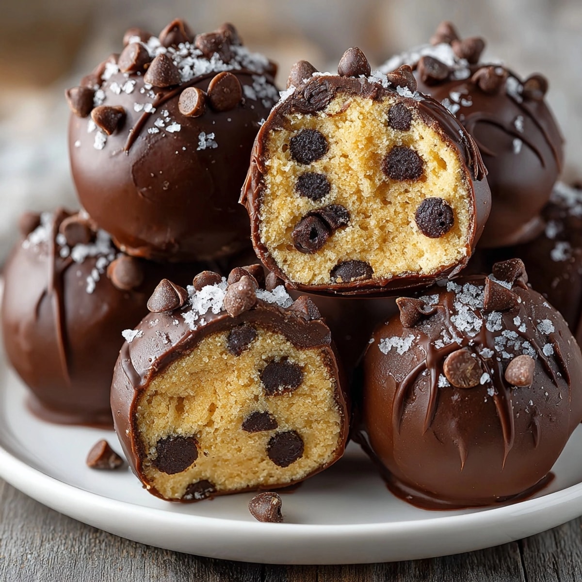 Close-up of freshly made chocolate chip cookie dough truffles, perfectly coated in shiny dark chocolate.