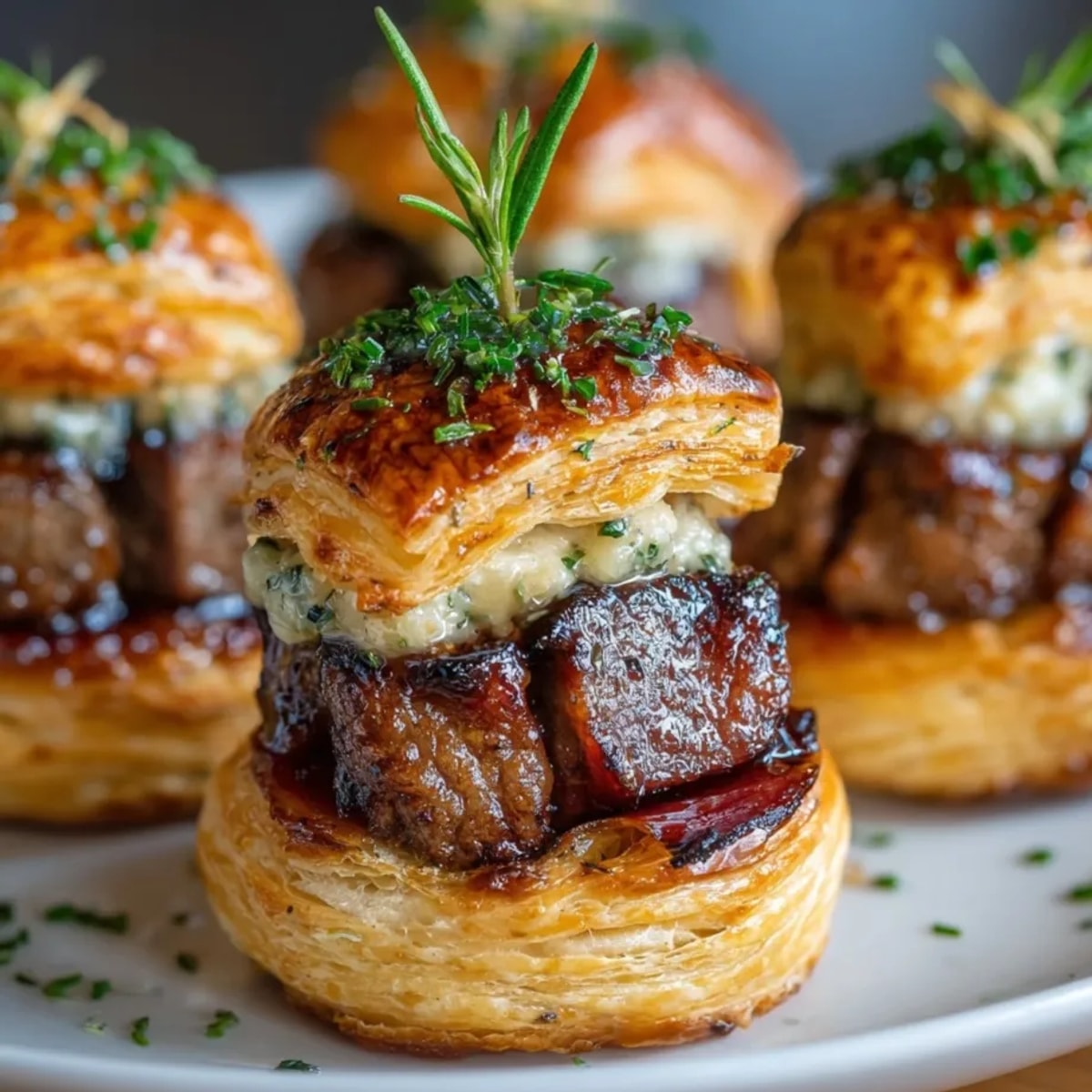 Golden-brown Mini Beef Wellington appetizers, perfect for a party with flaky puff pastry.