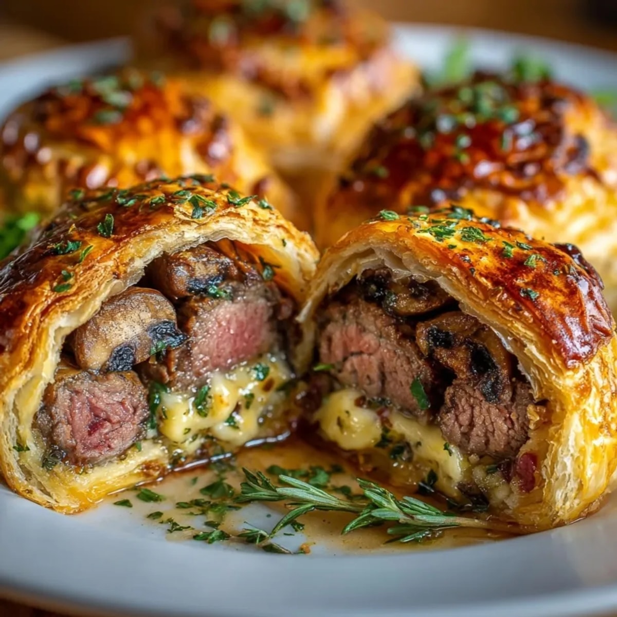 Close-up of savory Mini Beef Wellingtons with beautifully browned pastry and tender beef inside.