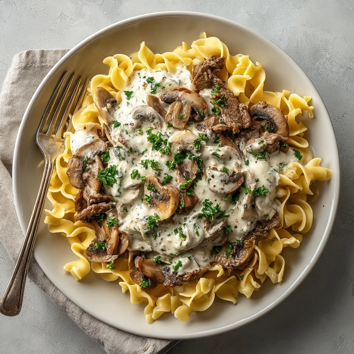 A close-up showcasing steaming Beef and Mushroom Stroganoff, ready to eat with fresh parsley garnish.