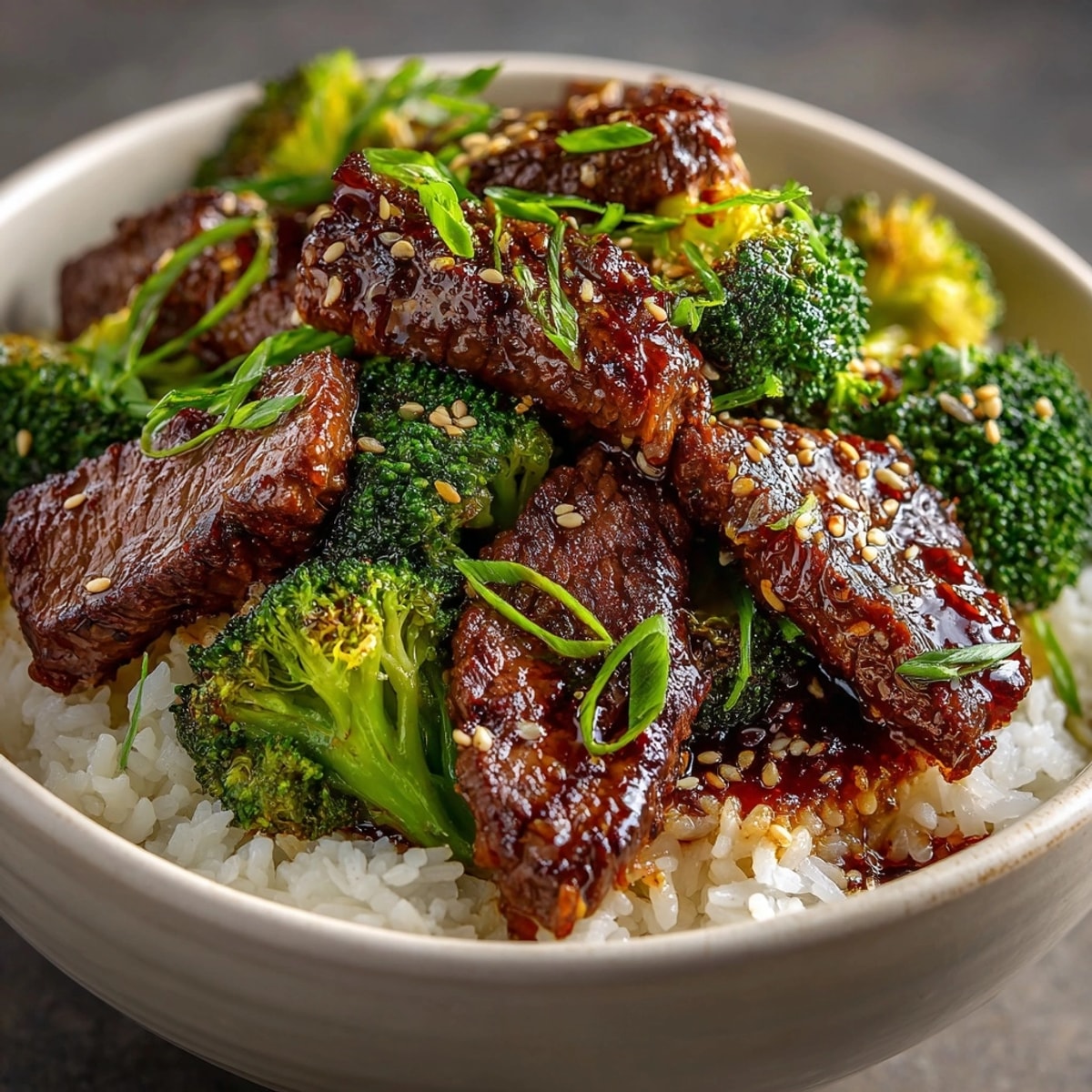 A steaming bowl of Beef and Broccoli Rice Bowl with glistening sauce, ready to enjoy.