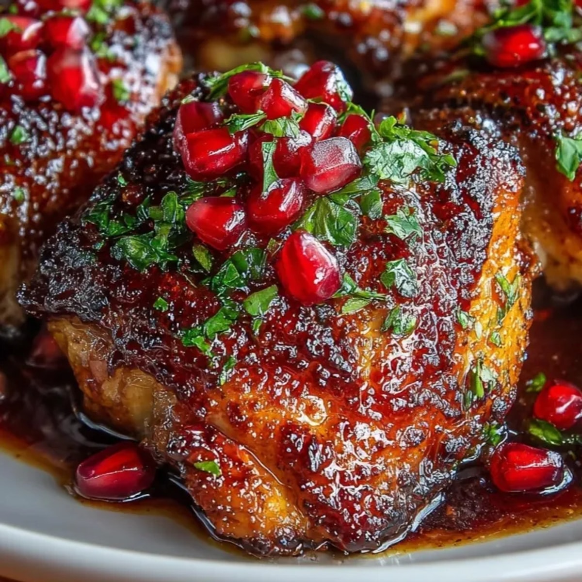 Pomegranate Glazed Chicken Thighs served hot in a skillet, topped with vibrant pomegranate seeds.