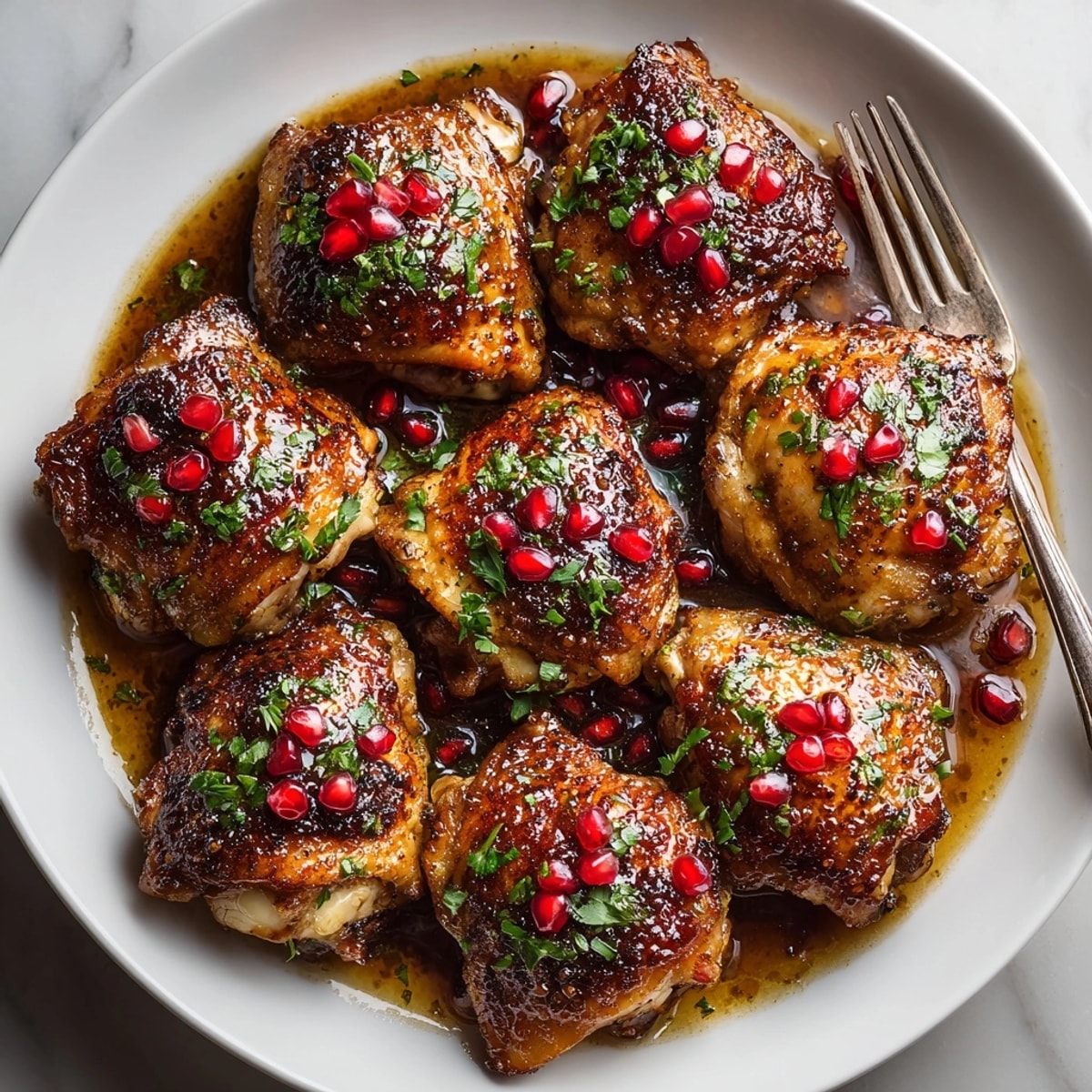 Close-up of Pomegranate Glazed Chicken Thighs with tangy-sweet glaze, perfect for a flavorful main course.