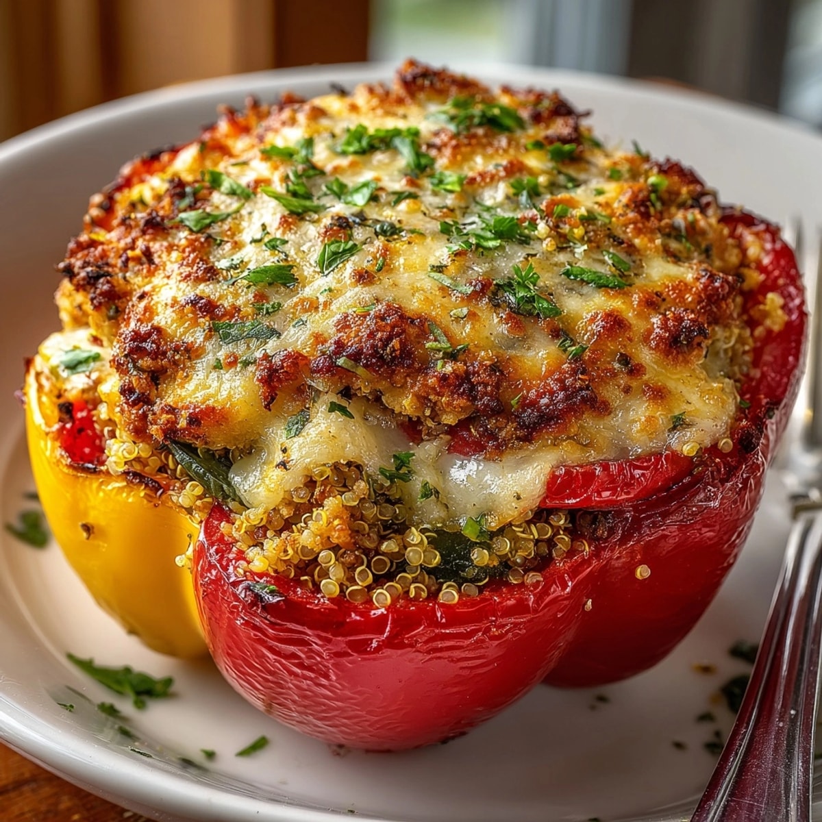 Stuffed cheese bell peppers with ground turkey, topped with melted mozzarella in a baking dish.