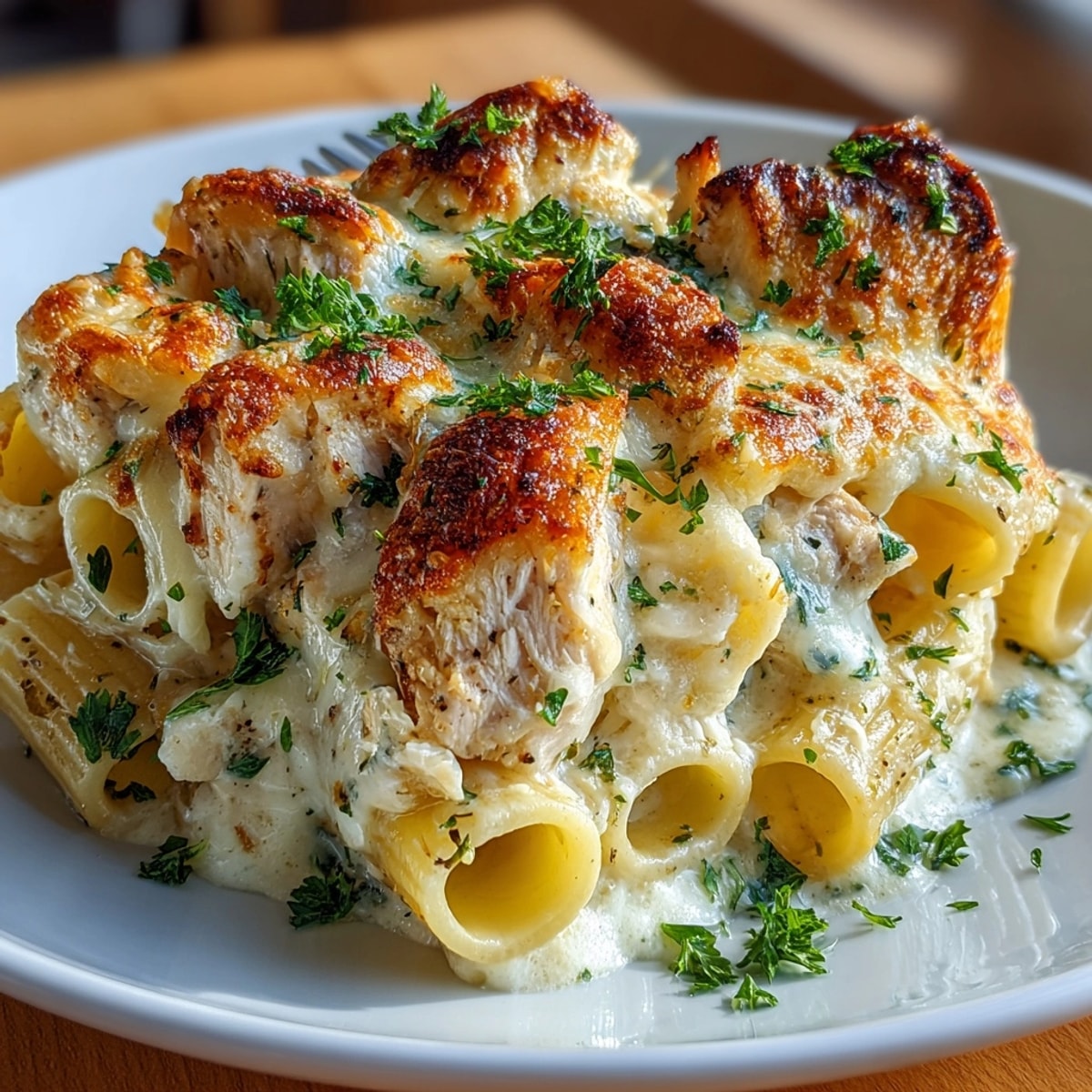 Creamy Chicken Alfredo Pasta Bake fresh from the oven with golden, bubbling cheese topping.