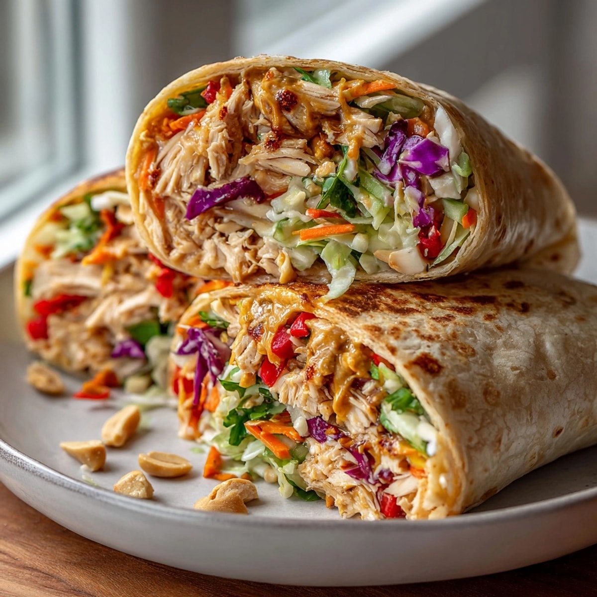 Thai Peanut Chicken Salad Wraps filled with colorful veggies, tender chicken, and creamy peanut sauce on a flour tortilla.
