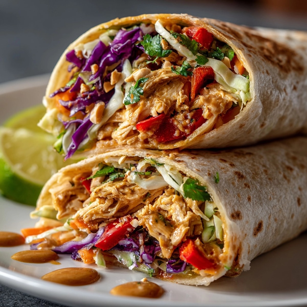 Close-up of Thai Peanut Chicken Salad Wraps featuring crisp cabbage, carrots, and vibrant peanut dressing, ready to eat.