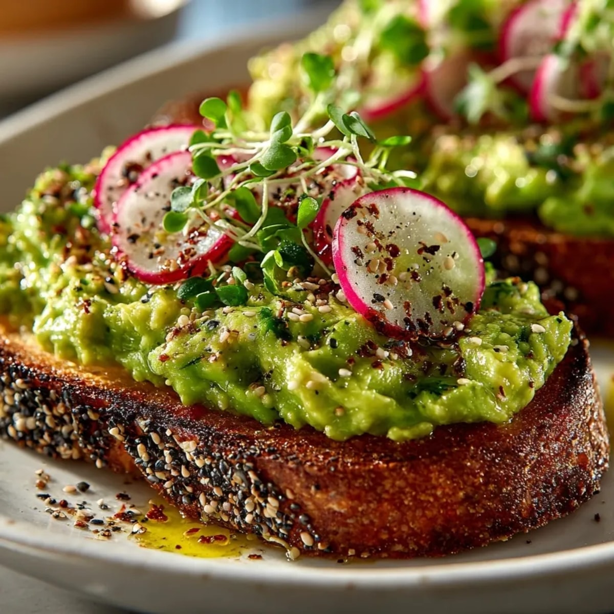 Avocado Toast with Everything Bagel Seasoning on crispy bread, topped with microgreens and radish slices.
