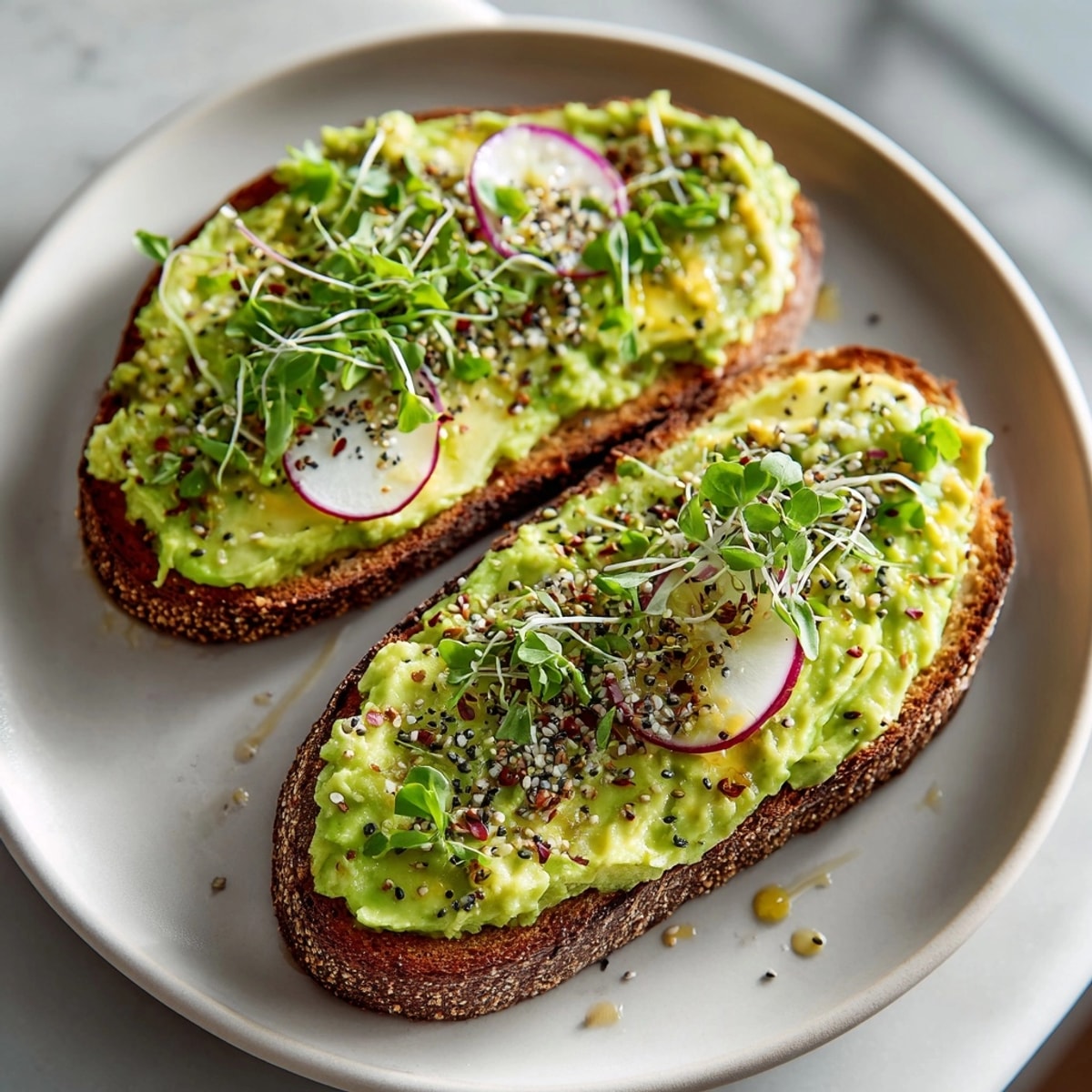 Avocado Toast with Everything Bagel Seasoning served fresh, garnished with chili flakes and olive oil drizzle.