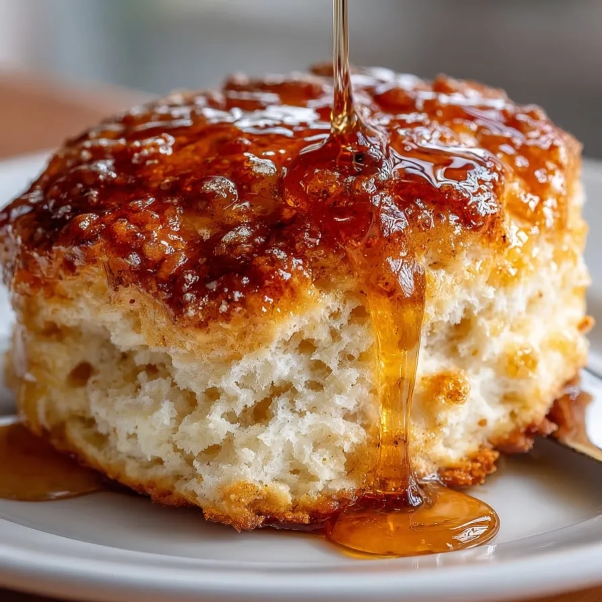 Tender Cinnamon Honey Butter Biscuits stacked on a plate, fresh from the oven, glazed and golden.
