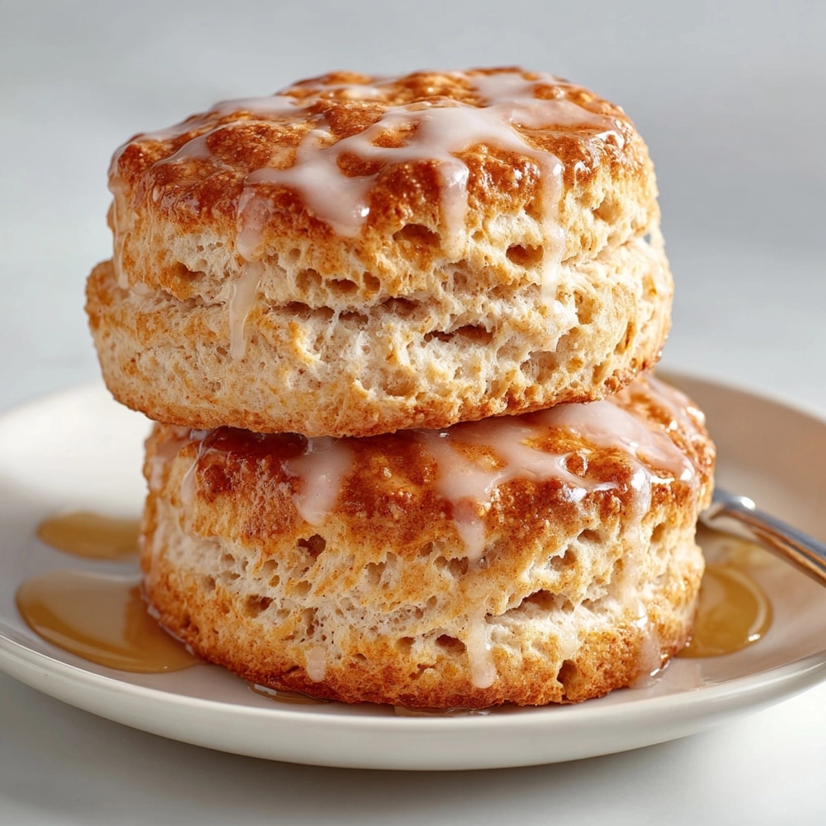 Warm Cinnamon Honey Butter Biscuits with a shiny honey glaze, perfect for breakfast with coffee.