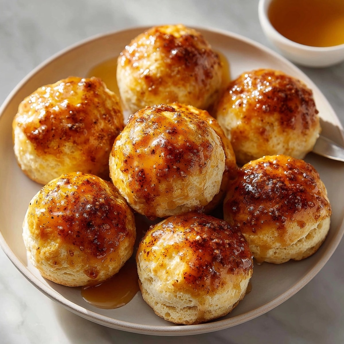 Fluffy Cinnamon Honey Butter Biscuits drizzled with sweet glaze, served as a comforting morning treat.