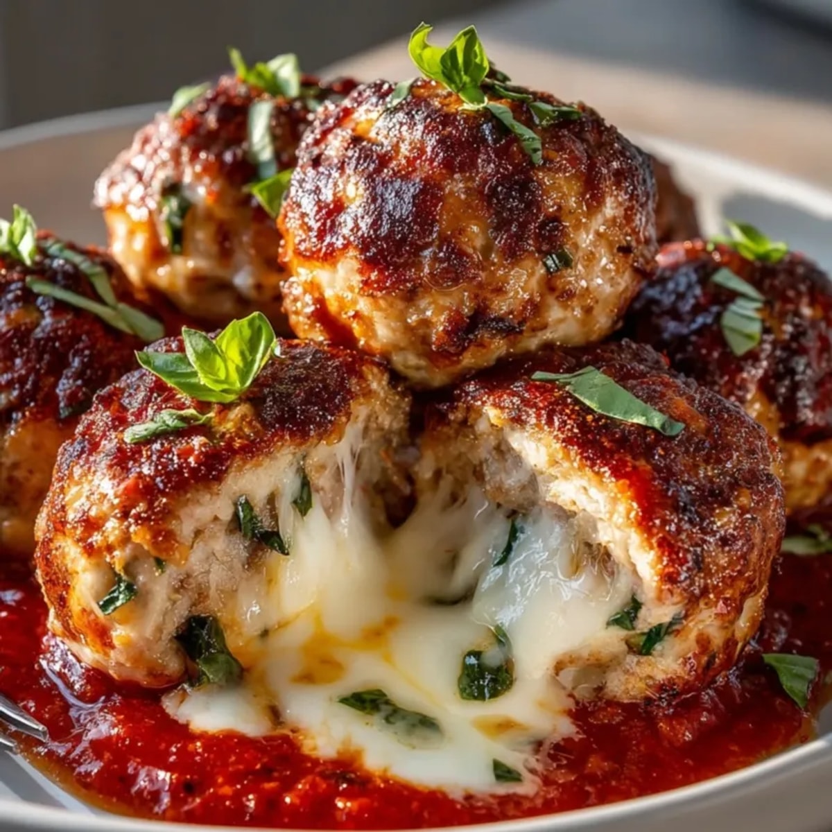 Stuffed Cheese Turkey Meatballs sliced open, showing gooey melted cheese inside tender meat.