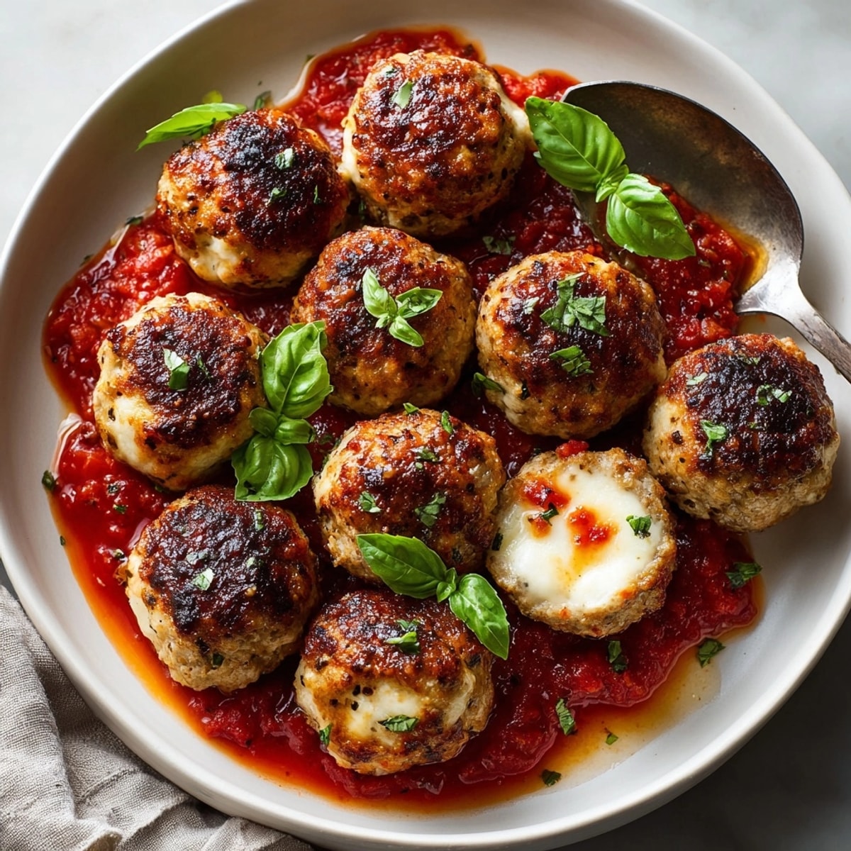 Golden-brown Stuffed Cheese Turkey Meatballs served over marinara sauce with fresh basil garnish.