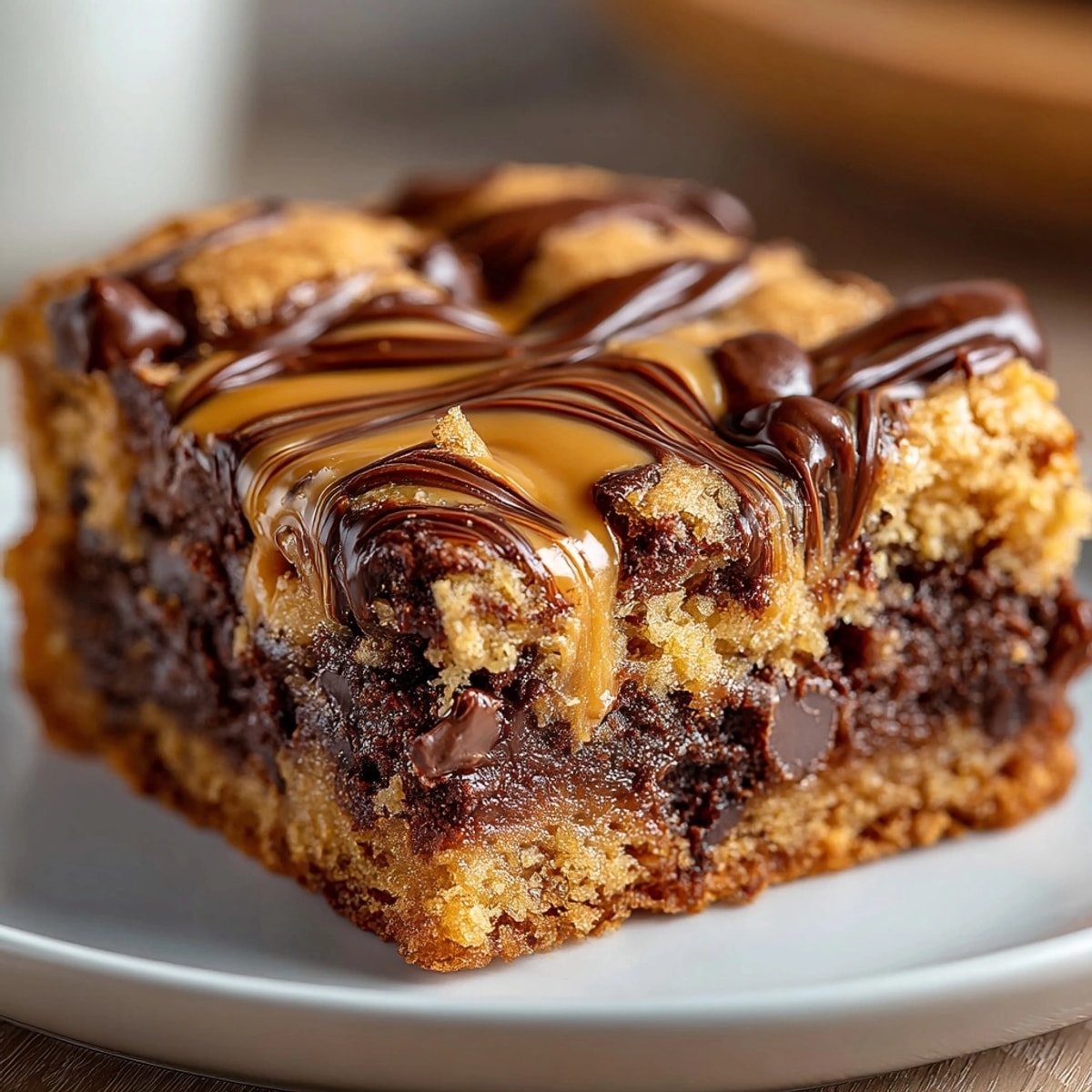 Freshly baked chocolate peanut butter blondies with gooey chocolate chips and creamy swirl topping
