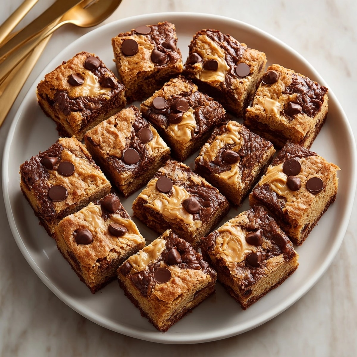 Serving plate stacked with chocolate peanut butter blondies, each studded with chocolate and peanut butter ripples