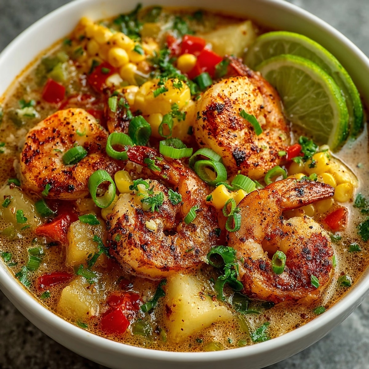Hearty Cajun Shrimp Corn Chowder filled with tender shrimp, sweet corn, and vibrant vegetables.