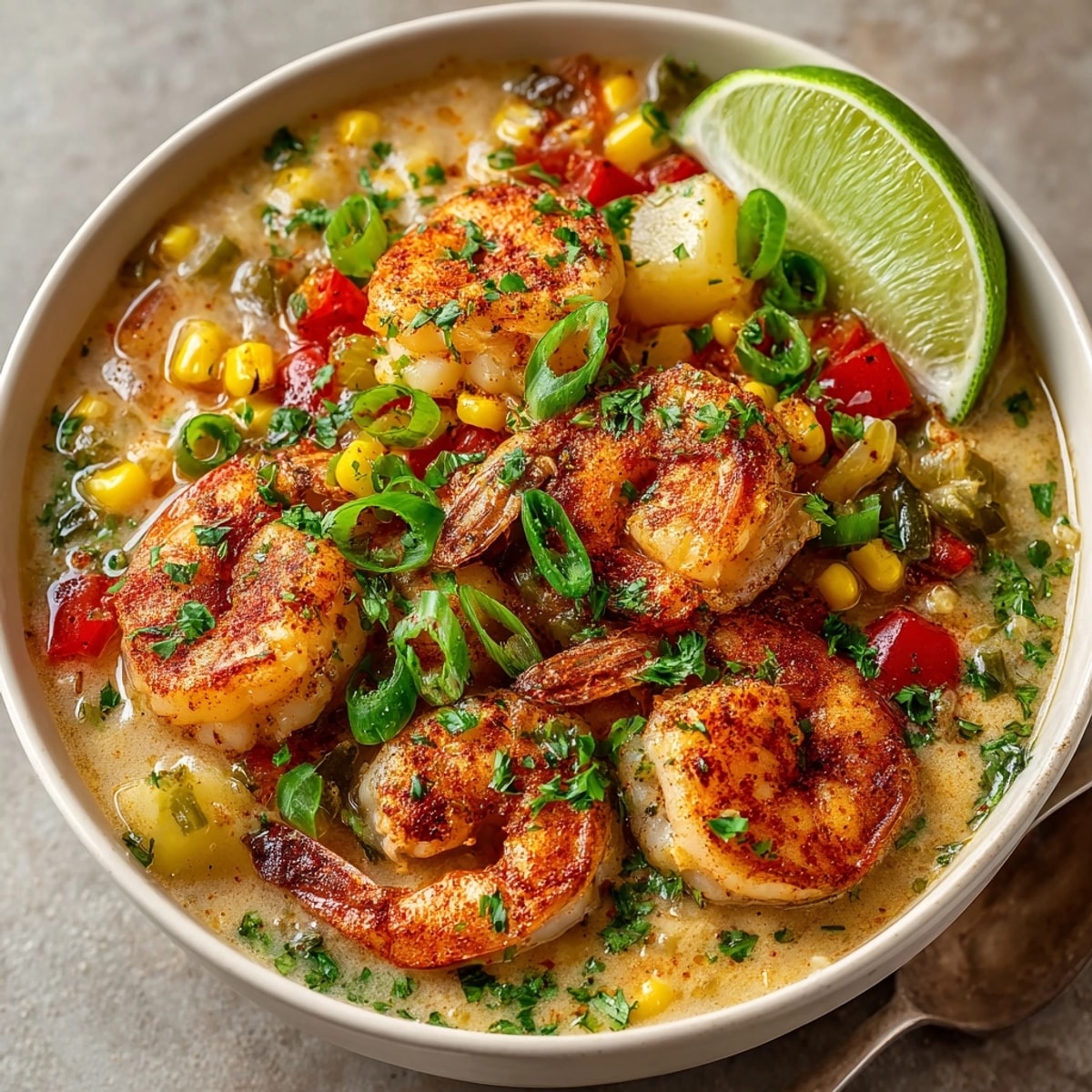 Bowl of creamy Cajun Shrimp Corn Chowder garnished with parsley and green onions for a Southern meal.