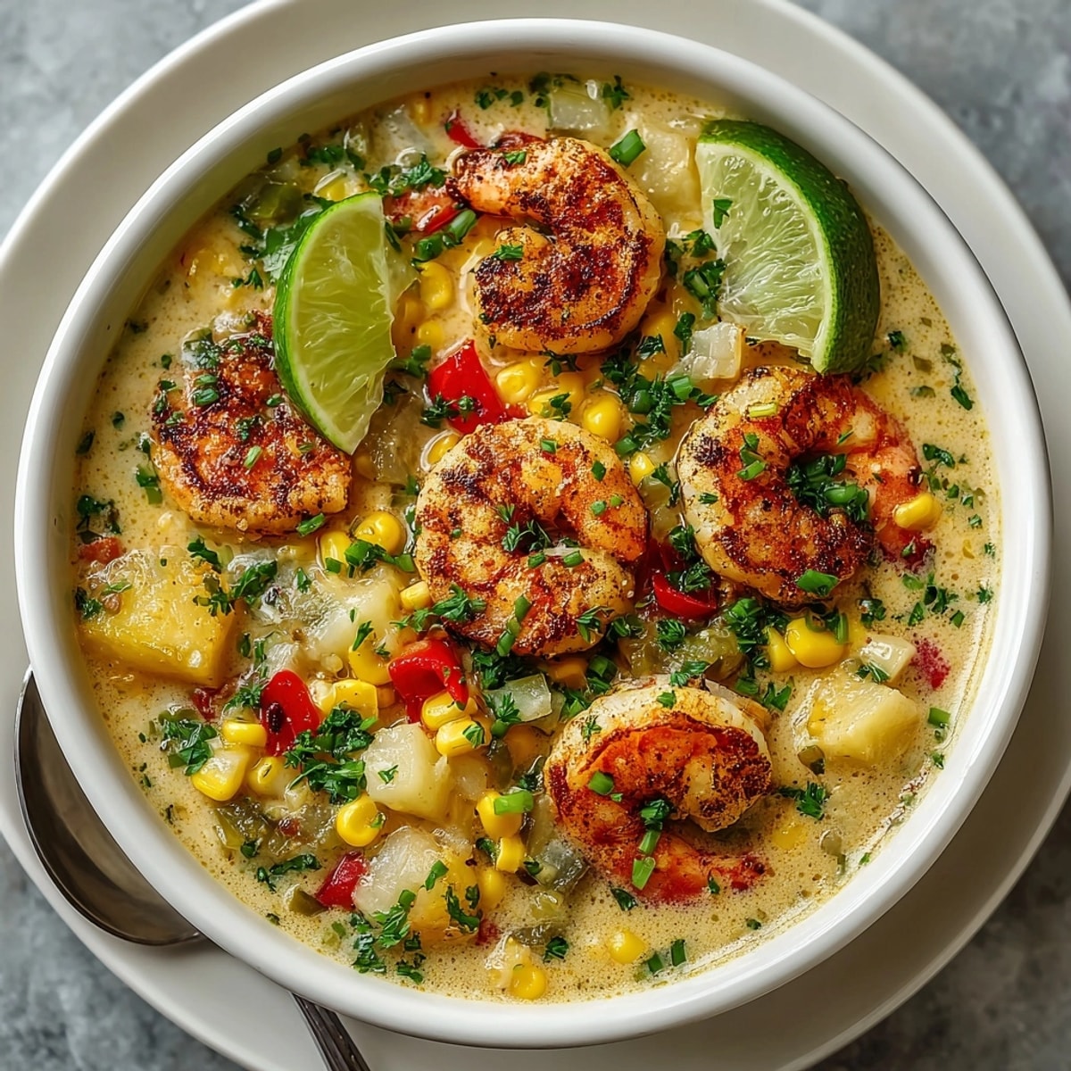 Close-up of Cajun Shrimp Corn Chowder with smoky spices, potatoes, and shrimp, perfect for cozy dining.