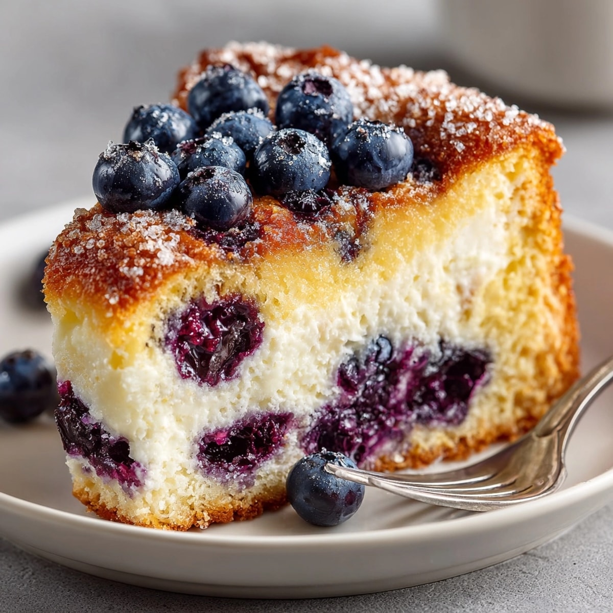 Freshly baked Ricotta Blueberry Breakfast Cake sliced on a plate, bursting with juicy blueberries.