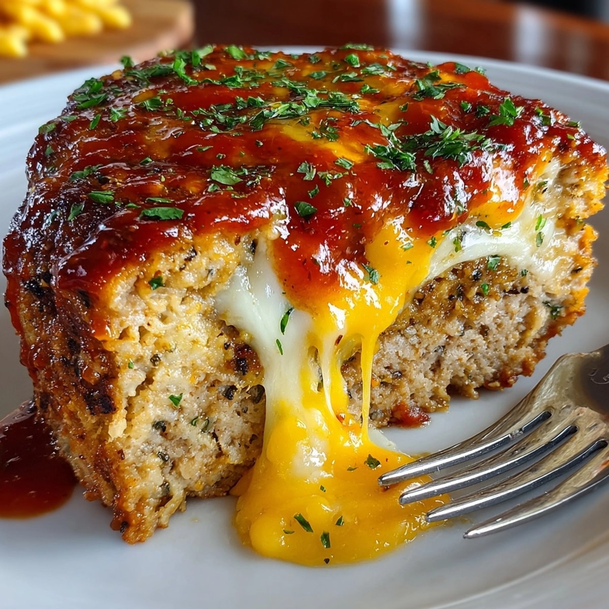 Golden, savory stuffed cheese chicken meatloaf sliced on a platter with melted cheese center.