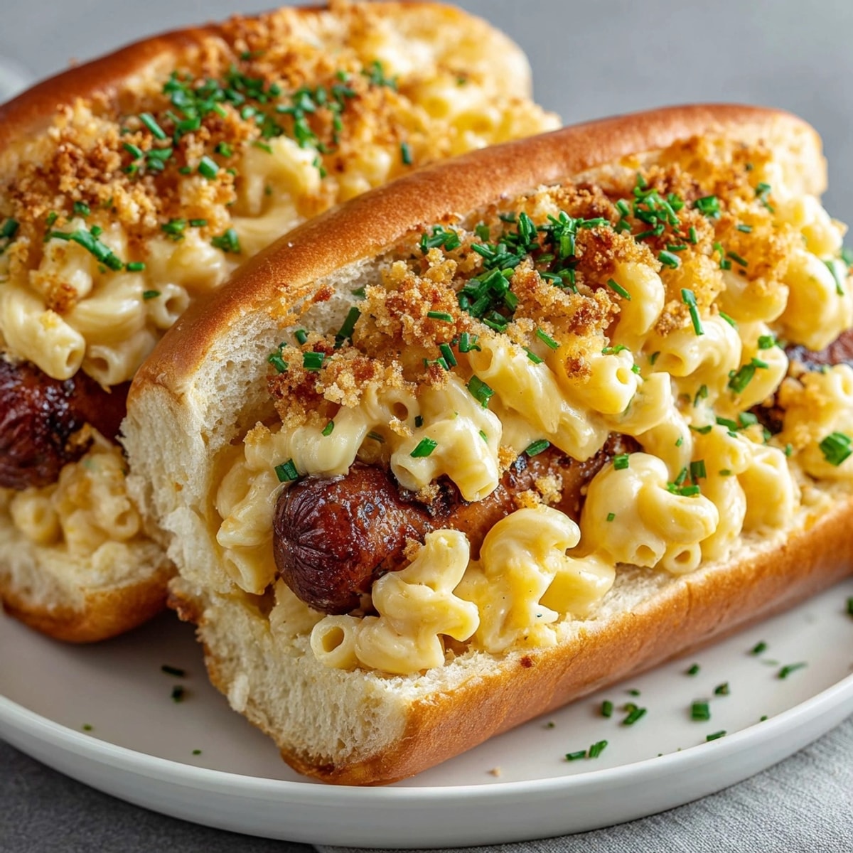 Golden baked mac and cheese hot dog sliders with crispy panko topping, perfect for party appetizers.