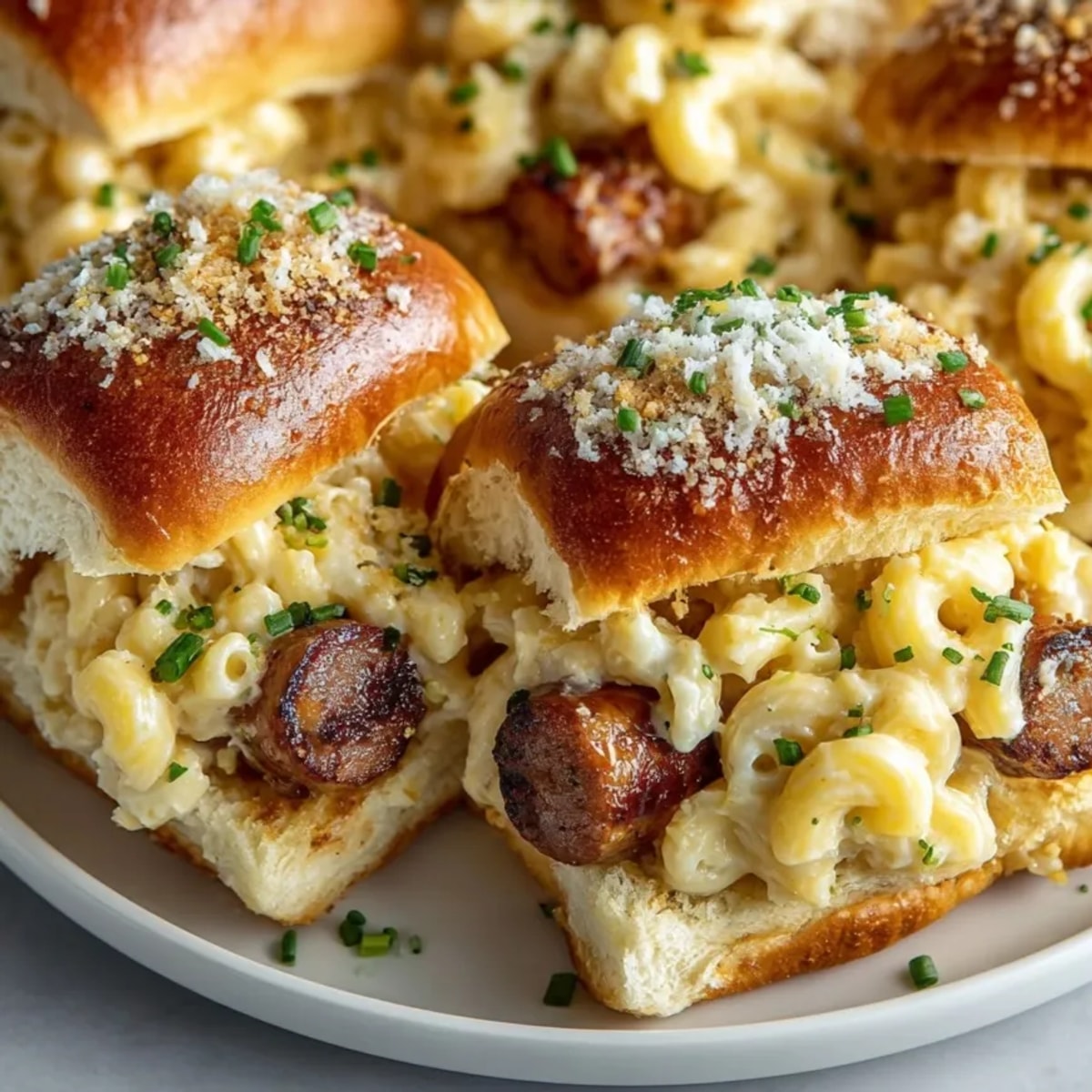 Close-up of creamy mac and cheese hot dog sliders nestled in soft buns, ready to serve.