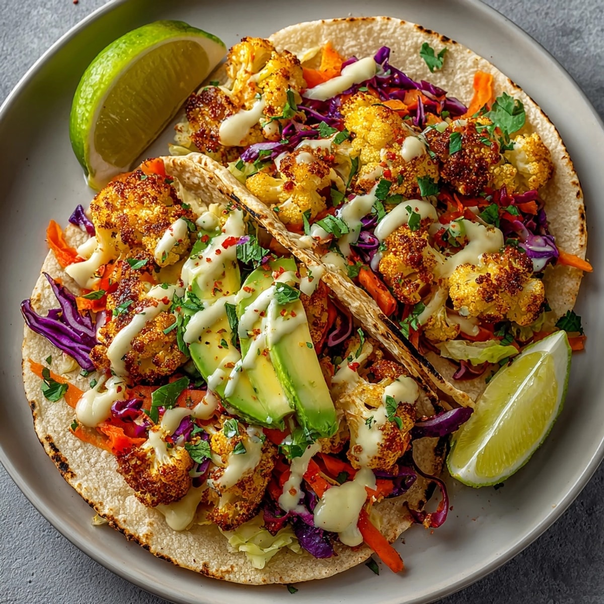 Garlic Roasted Cauliflower Tacos filled with crispy florets, vibrant slaw, and creamy lime sauce.
