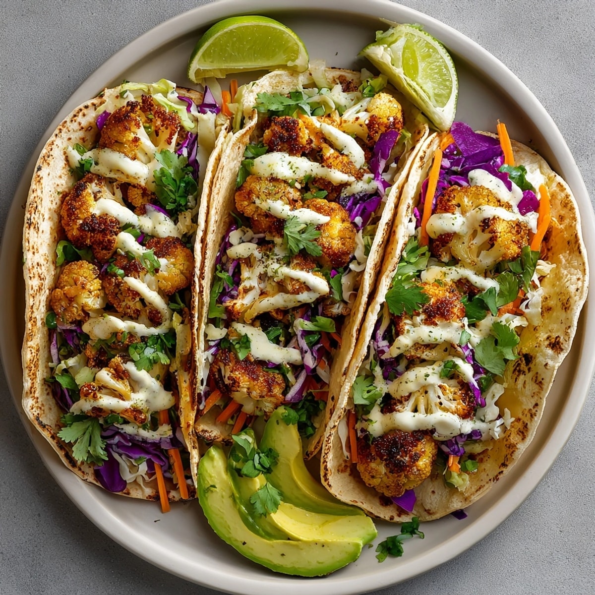 Plated Garlic Roasted Cauliflower Tacos bursting with bold flavors and served with zesty lime wedges.