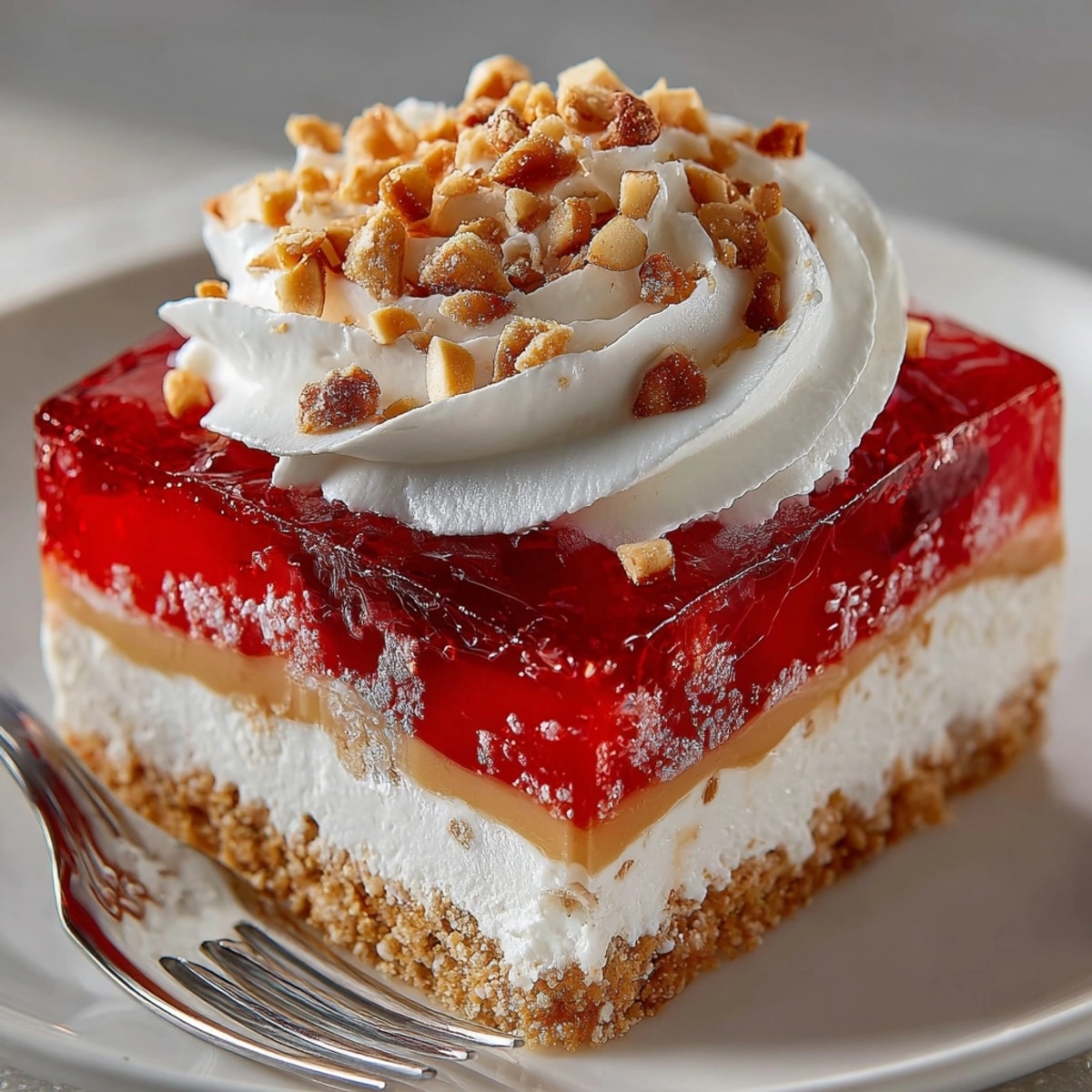 Peanut Butter Jello Salad with creamy whipped topping and crunchy peanuts in a glass dish.