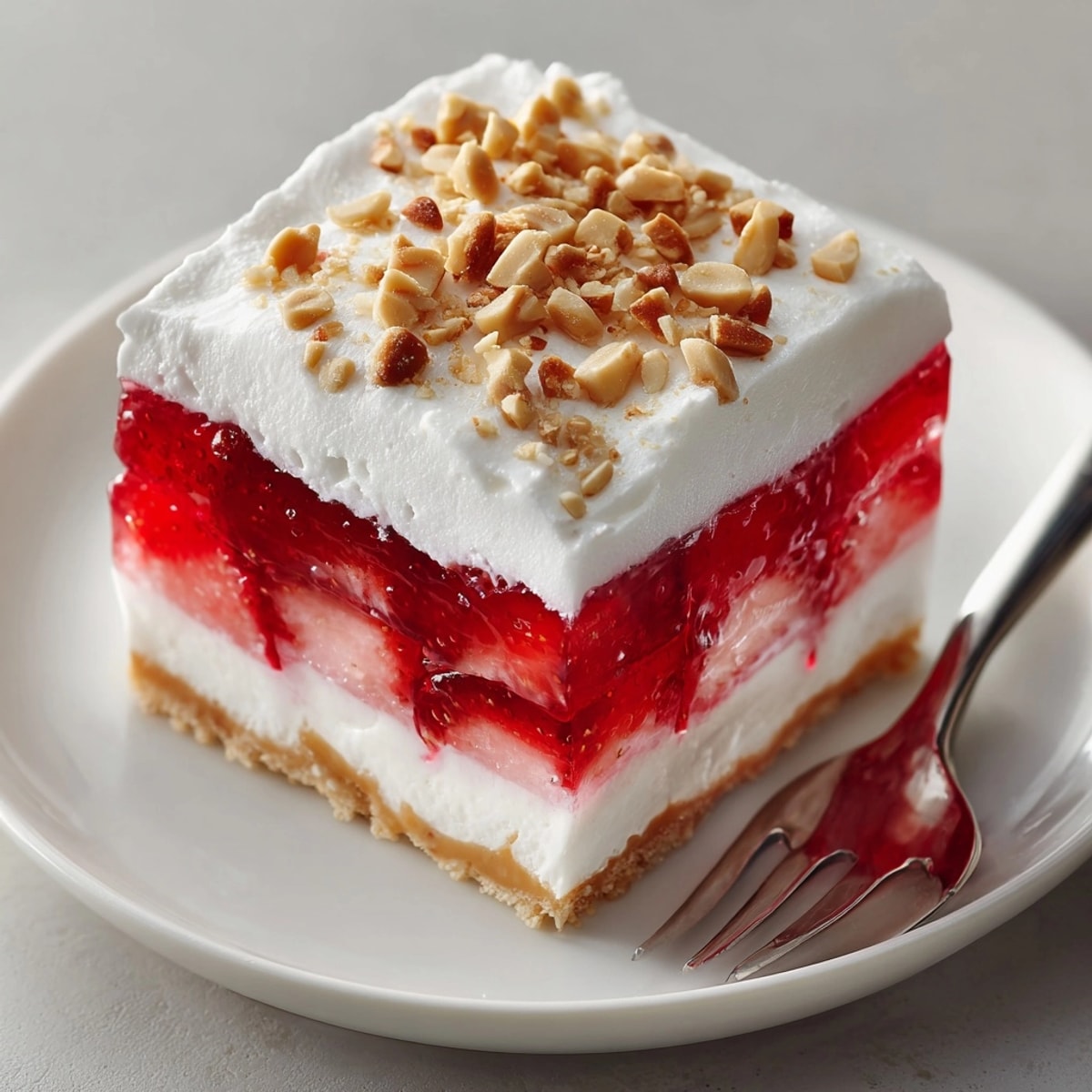 Chilled Peanut Butter Jello Salad squares served on a plate, topped with extra whipped cream.