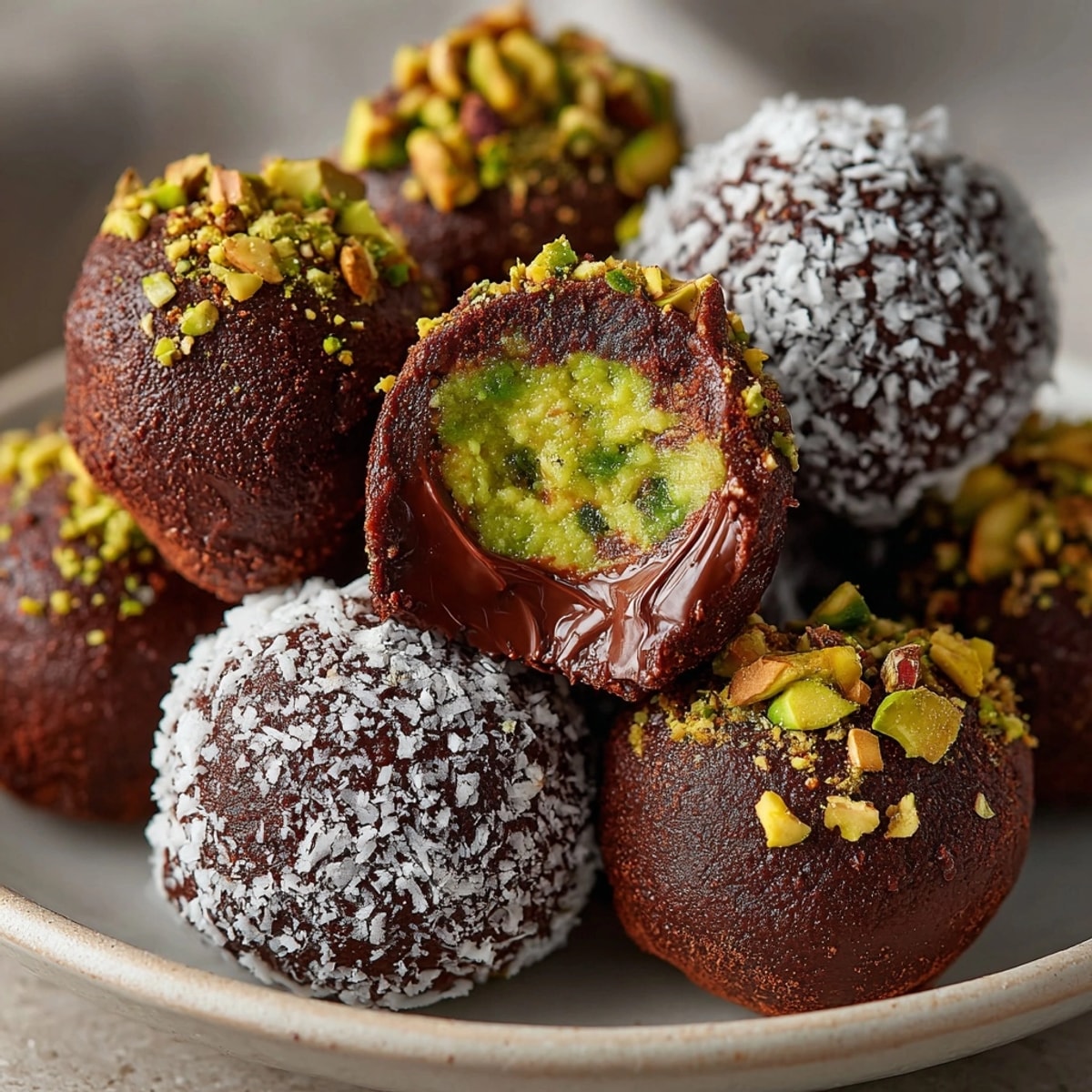 Avocado Chocolate Truffle Bites dusted with cocoa powder and coconut, arranged on a white dessert plate.